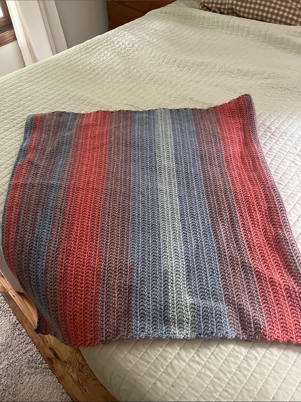 Handmade Striped Crochet Throw - Coral, purple & Blue